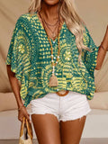 Printed V-Neck Half Sleeve Top - Trendsi - Flyclothing LLC