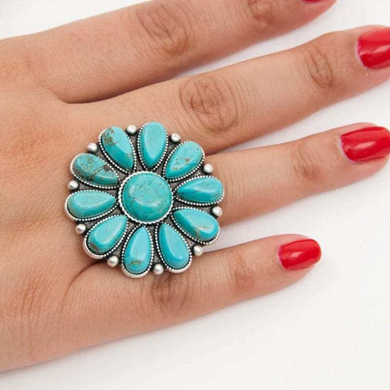 Artificial Turquoise Alloy Flower Ring - Trendsi - Flyclothing LLC