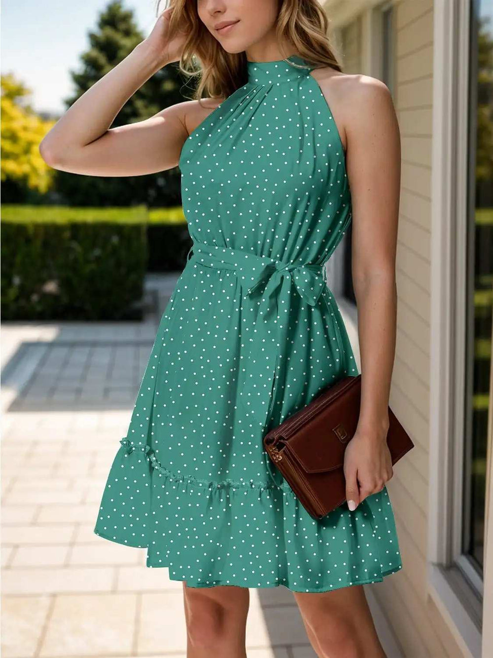 Frill Grecian Neck Tie Waist Mini Dress - Trendsi - Flyclothing LLC