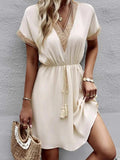 Full Size Tassel V-Neck Short Sleeve Dress Plus Size - Trendsi - Flyclothing LLC