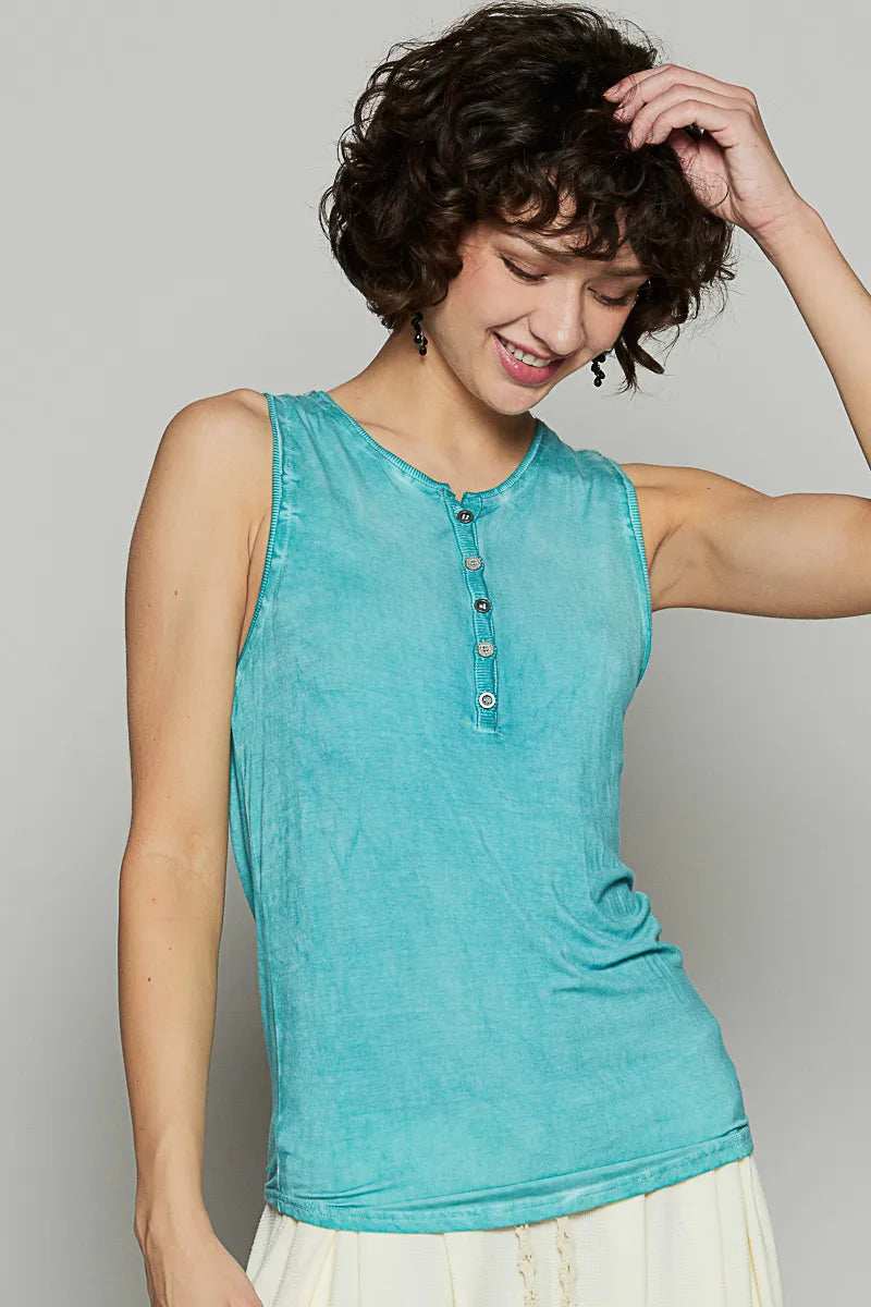 POL Half Button Round Neck Washed Tank - Trendsi - Flyclothing LLC