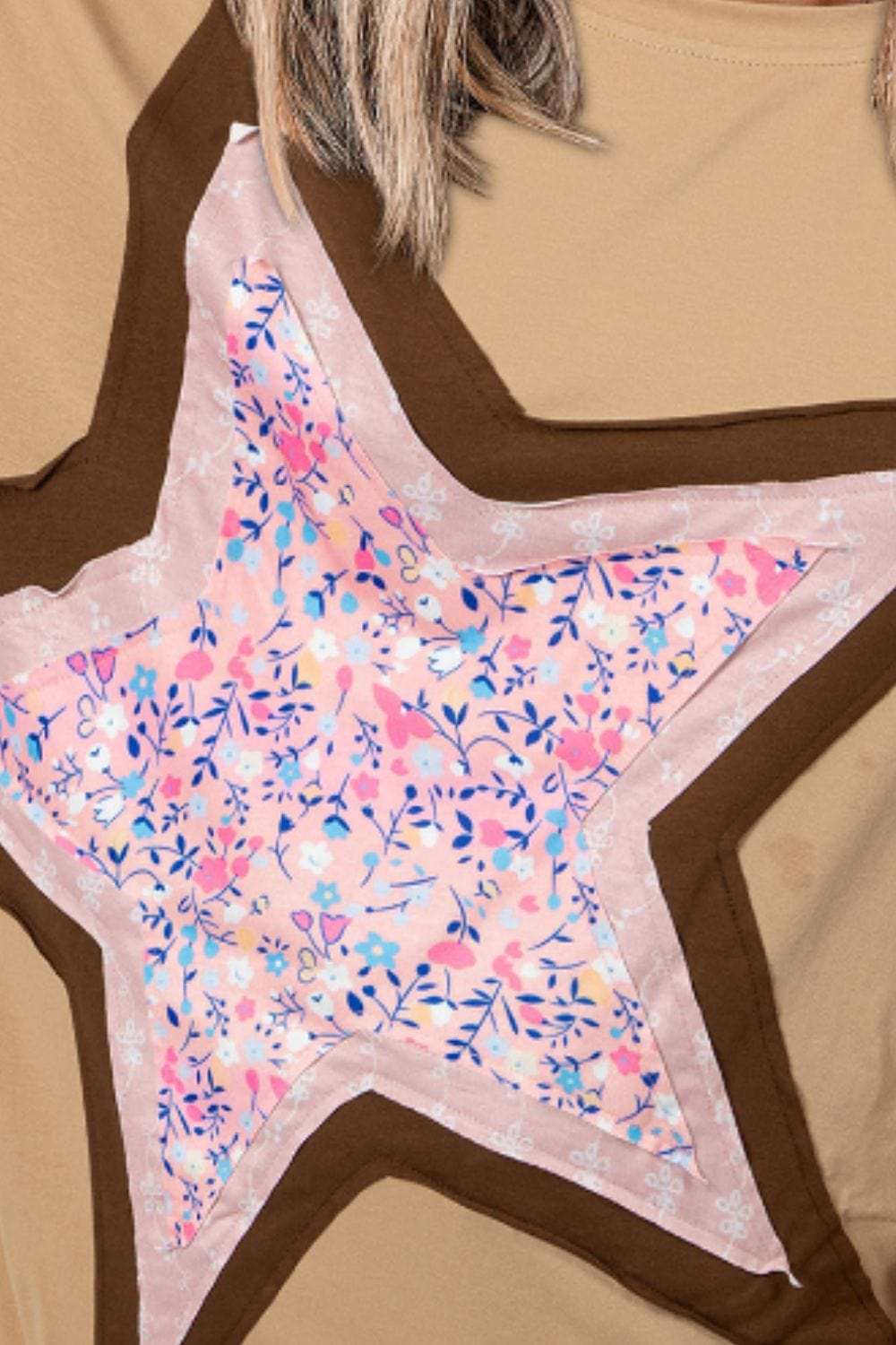 Star Applique Patch Round Neck T-Shirt - Trendsi - Flyclothing LLC