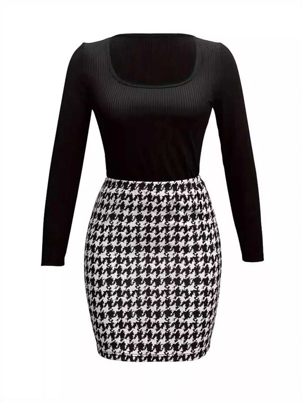 Long Sleeve Top and Houndstooth Skirt Set - Trendsi - Flyclothing LLC