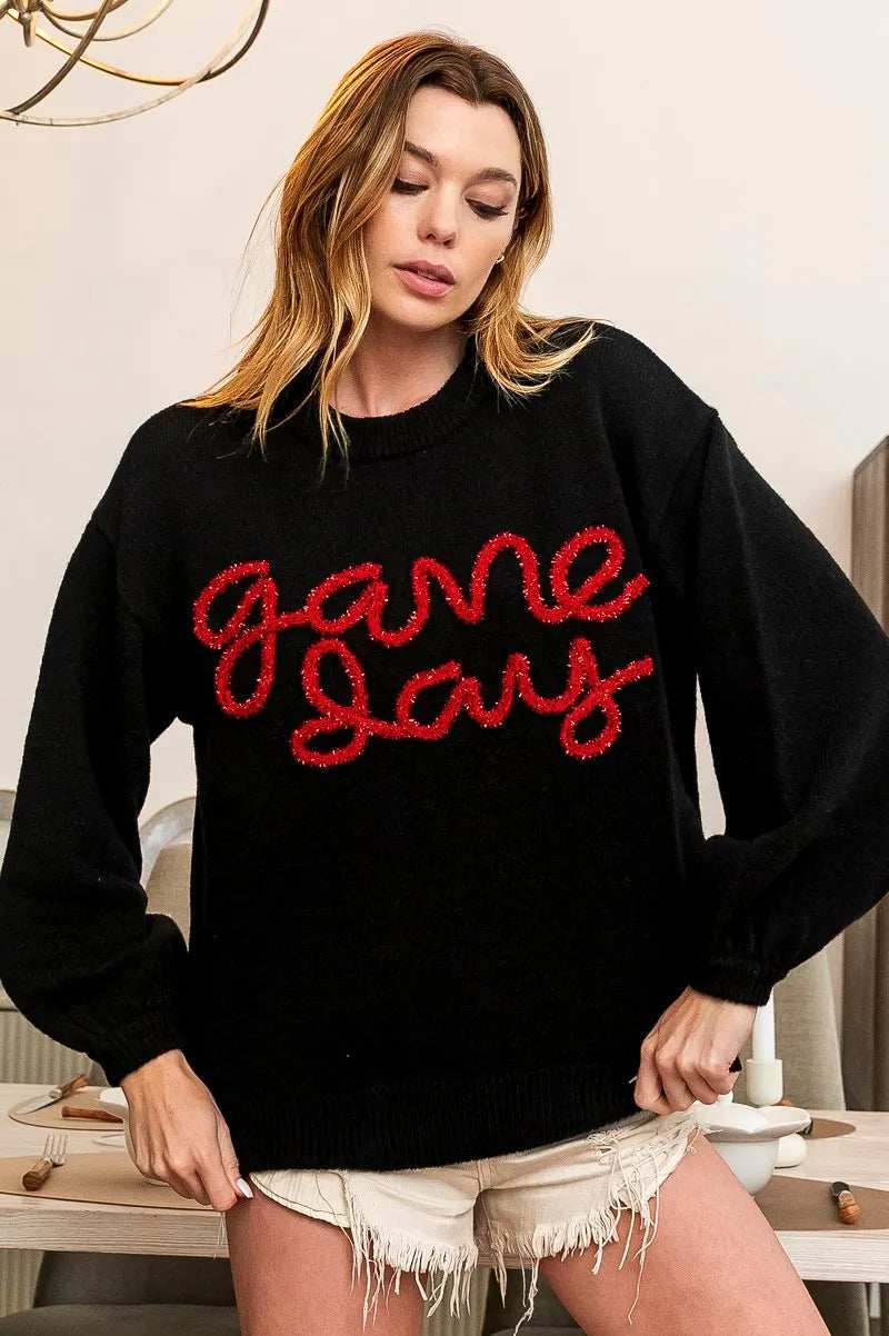 BiBi Game Day Metallic Letter Sweater - Trendsi - Flyclothing LLC