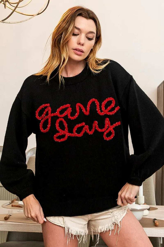 BiBi Game Day Metallic Letter Sweater - Trendsi - Flyclothing LLC
