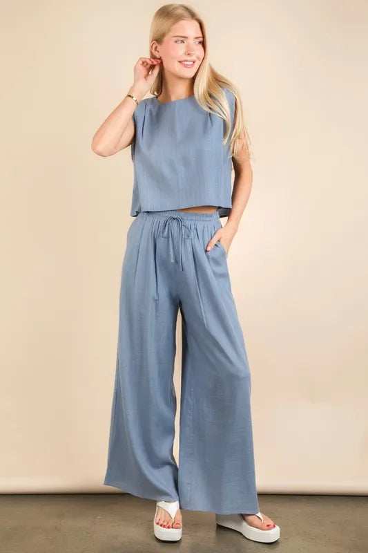 VERY J Solid Woven Top & Pants Set - Trendsi - Flyclothing LLC
