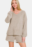 Zenana V-Neck Long Sleeve Ribbed Top and Shorts Set - Trendsi - Flyclothing LLC