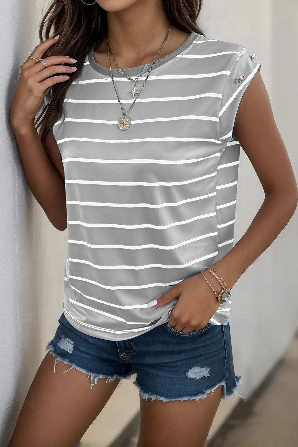 Decorative Button Round Neck T-Shirt - Trendsi - Flyclothing LLC