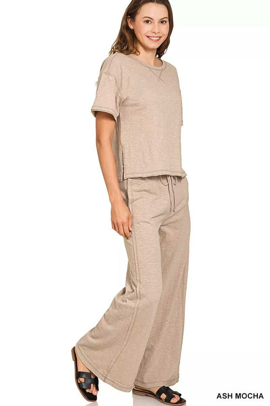 Zenana Cotton Slub Short Sleeve Tee and Pants Set - Trendsi - Flyclothing LLC
