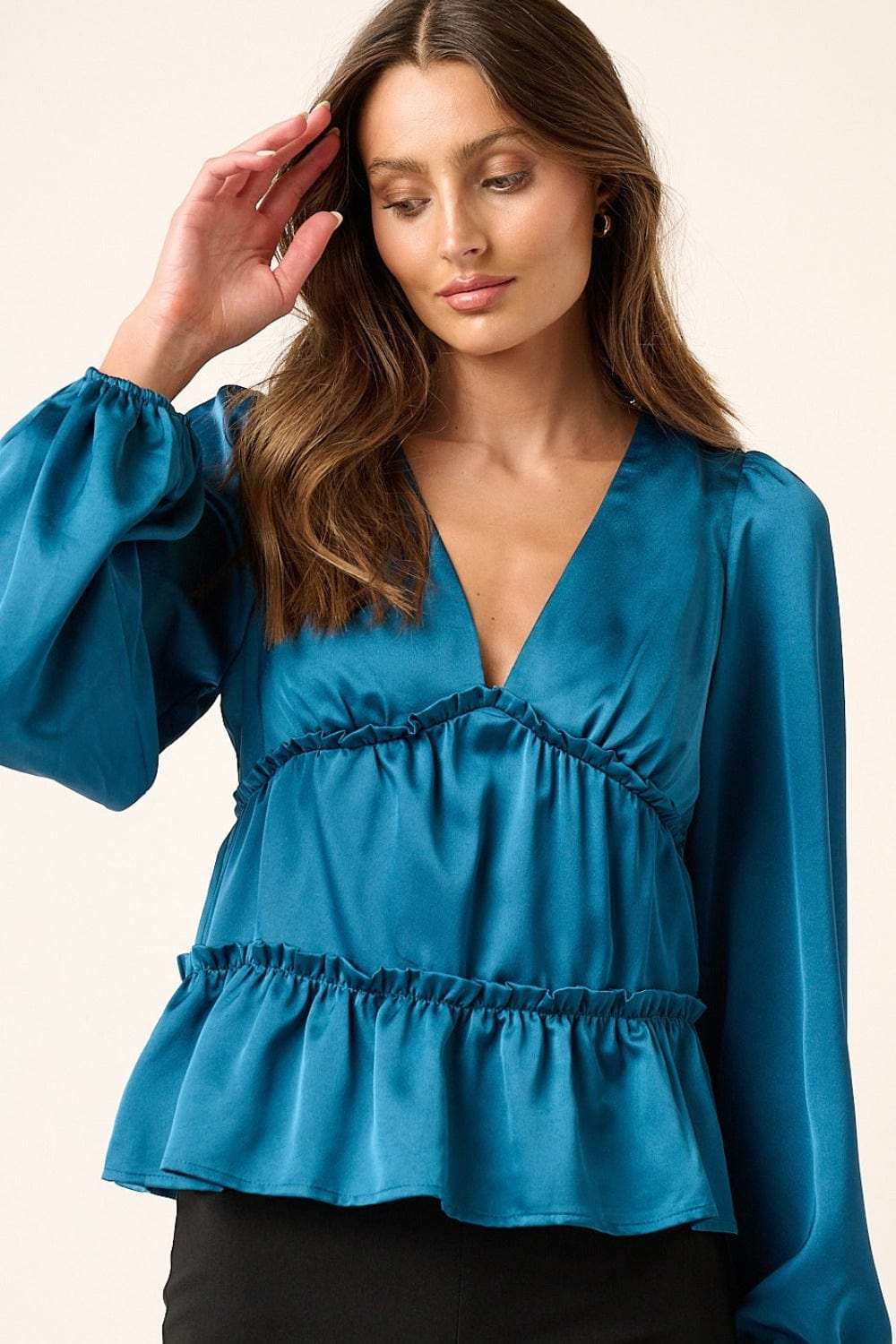 Mittoshop Satin V Neck Ruffled Tier Blouse - Trendsi - Flyclothing LLC