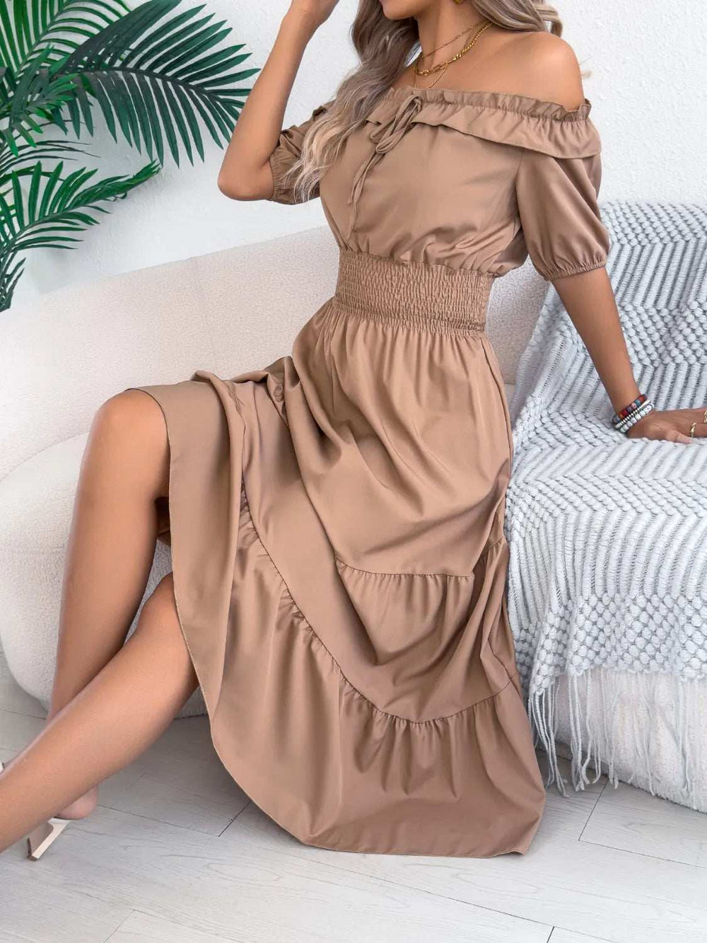 Smocked Off-Shoulder Tiered Dress - Trendsi - Flyclothing LLC