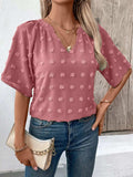 Swiss Dot Notched Half Sleeve Blouse - Trendsi - Flyclothing LLC