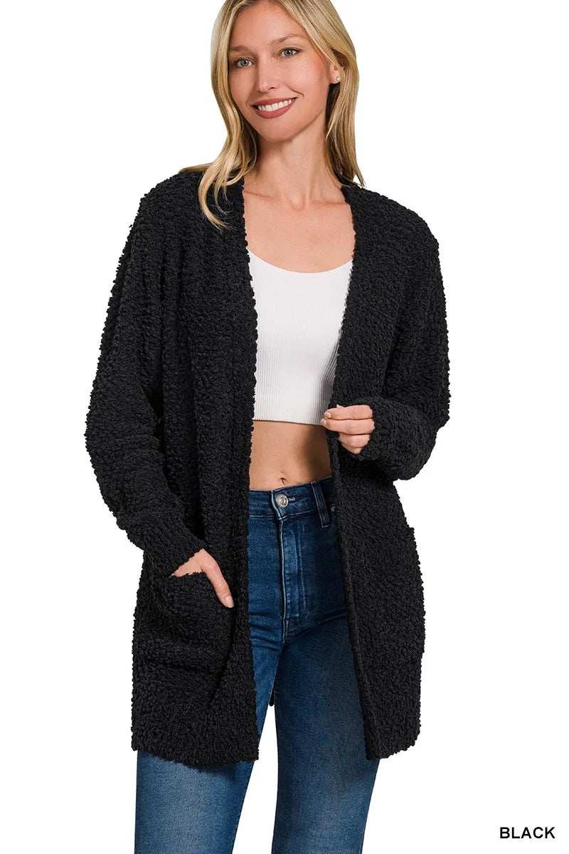 Zenana Long Sleeve Popcorn Sweater Cardigan with Pockets - Trendsi - Flyclothing LLC