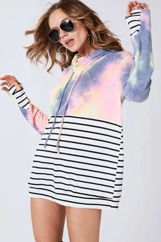 BiBi Tie Dye French Terry Cowl Neck Top - Trendsi - Flyclothing LLC