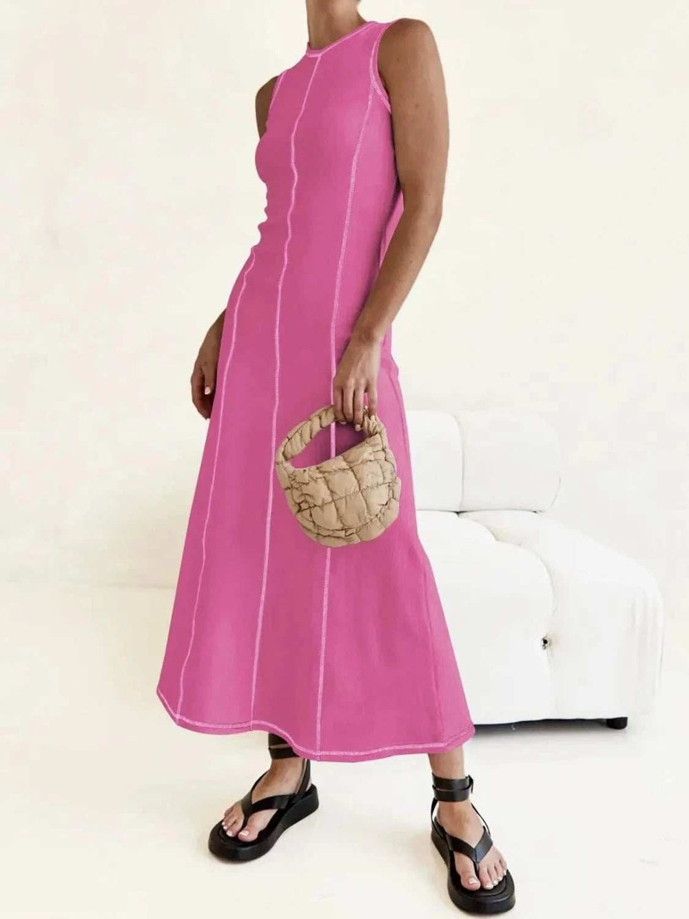 Contrast Stitching Round Neck Sleeveless Midi Dress - Trendsi - Flyclothing LLC