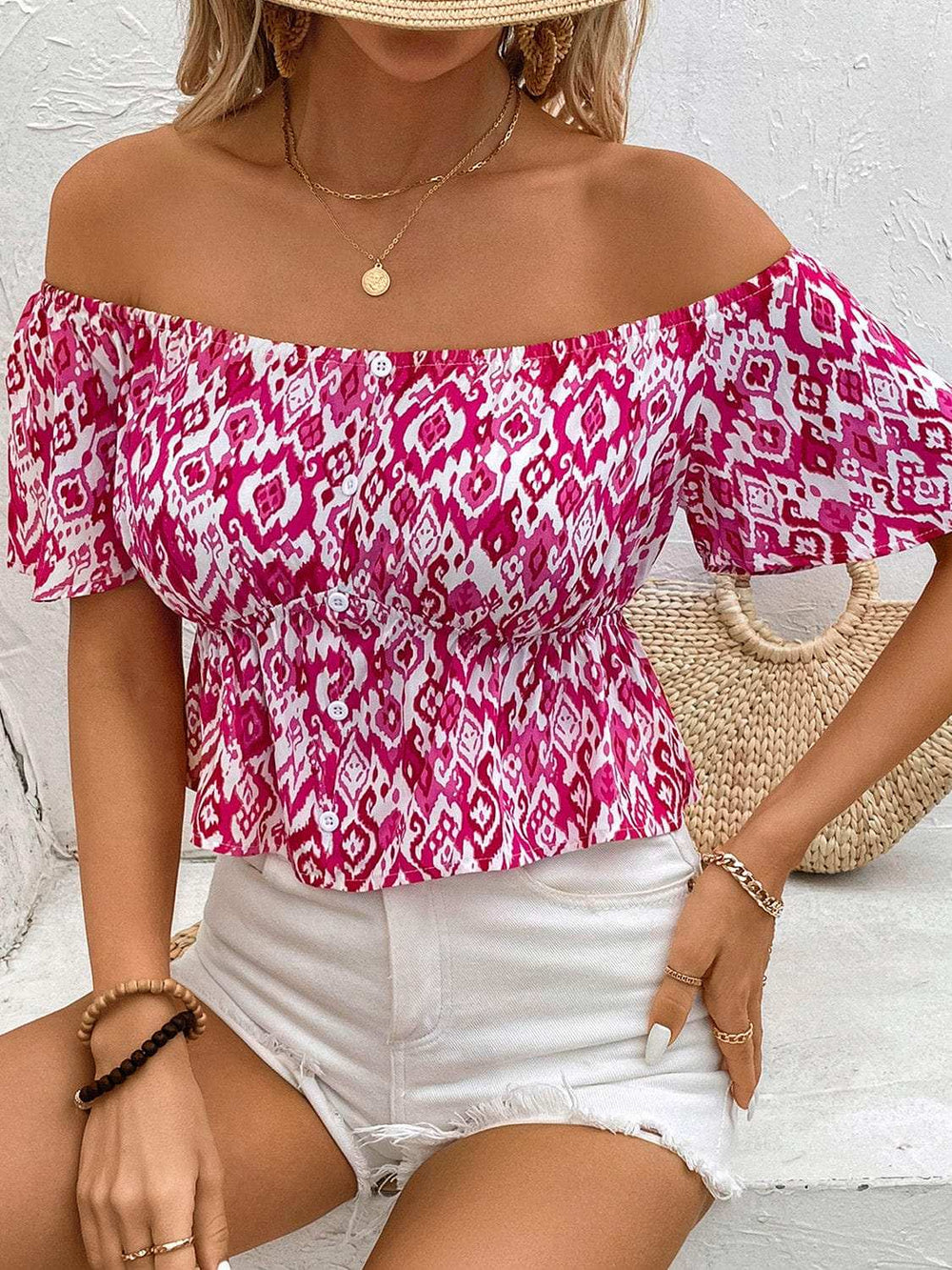 Peplum Printed Off-Shoulder Short Sleeve Blouse - Trendsi - Flyclothing LLC
