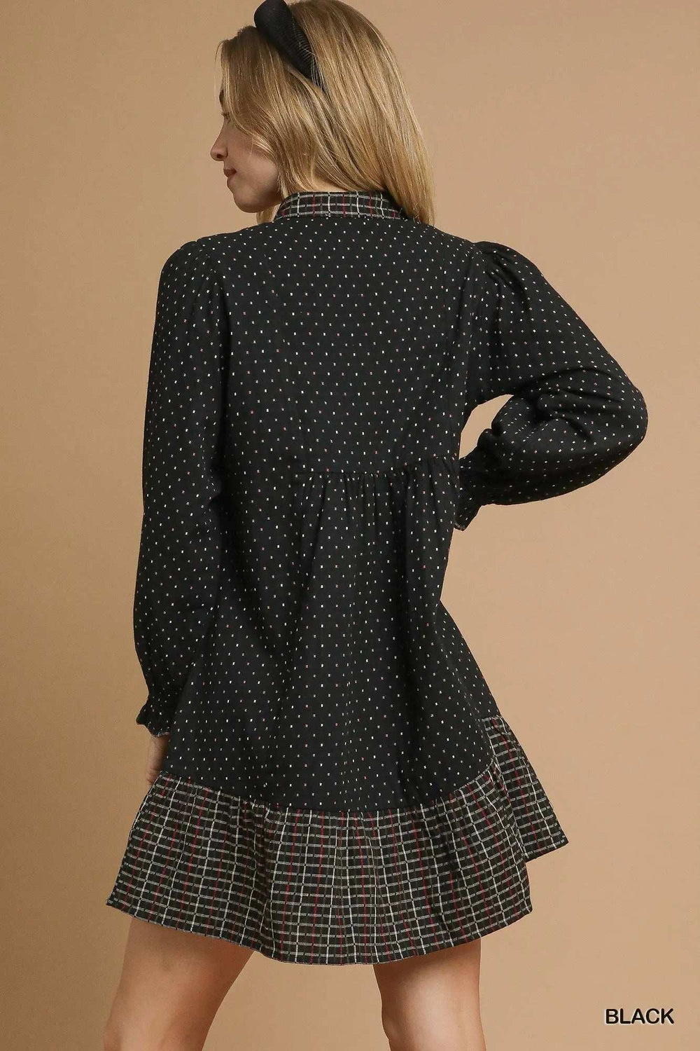 Umgee Polka Dot Plaid Trim Babydoll Dress - Trendsi - Flyclothing LLC