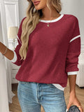Ribbed Contrast Trim Long Sleeve Top - Trendsi - Flyclothing LLC