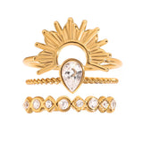 3 Piece Stainless Steel Rhinestone Sunburst Crown Ring - Trendsi - Flyclothing LLC