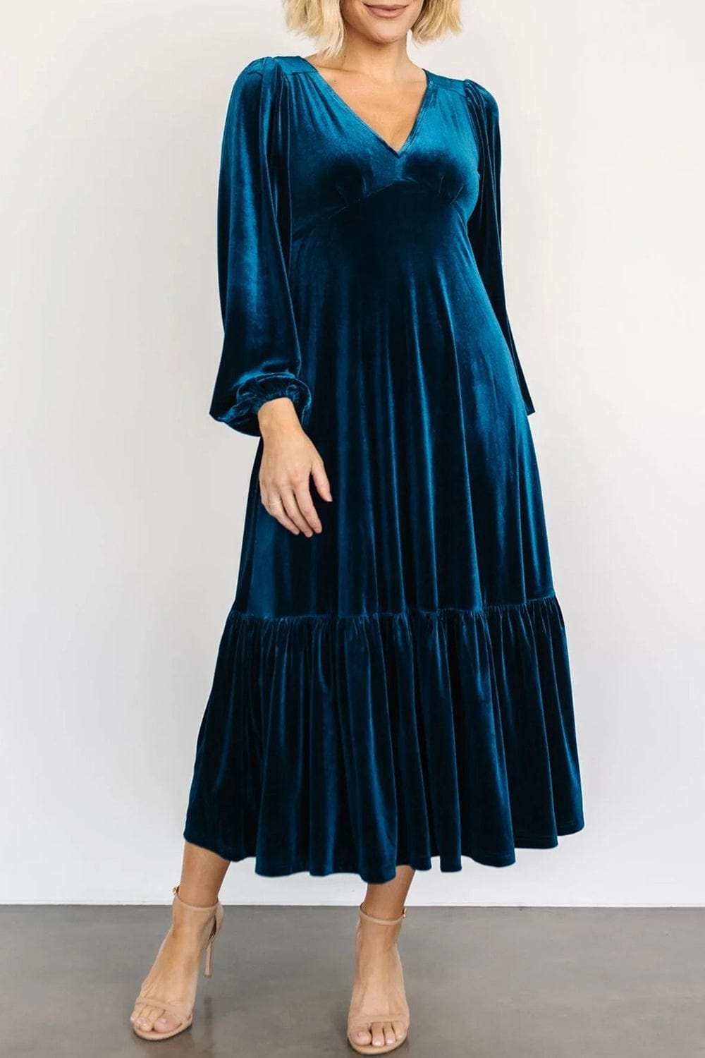 V-Neck Long Sleeve Midi Velvet Dress - Trendsi - Flyclothing LLC