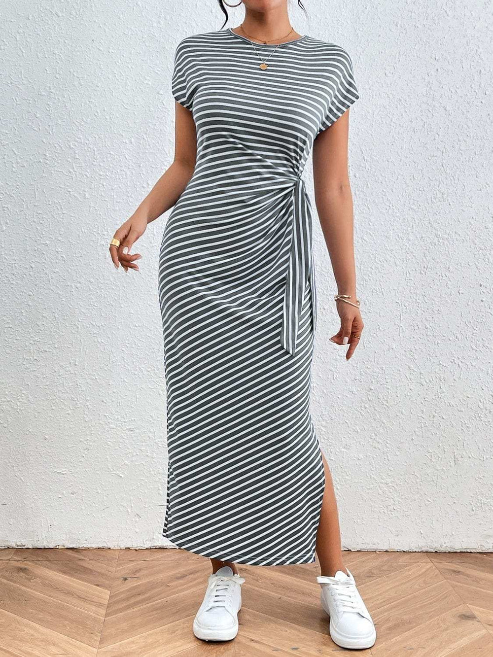 Tied Striped Round Neck Short Sleeve Tee Dress - Trendsi - Flyclothing LLC