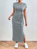 Tied Striped Round Neck Short Sleeve Tee Dress - Trendsi - Flyclothing LLC