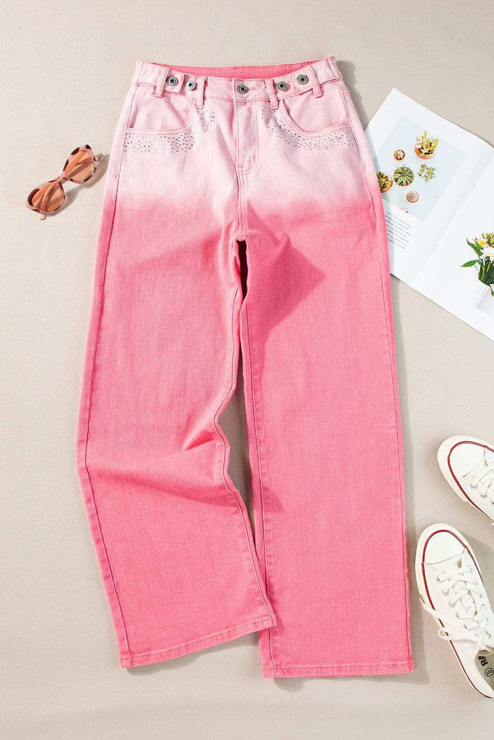 Rhinestone Gradient Straight Jeans - Trendsi - Flyclothing LLC