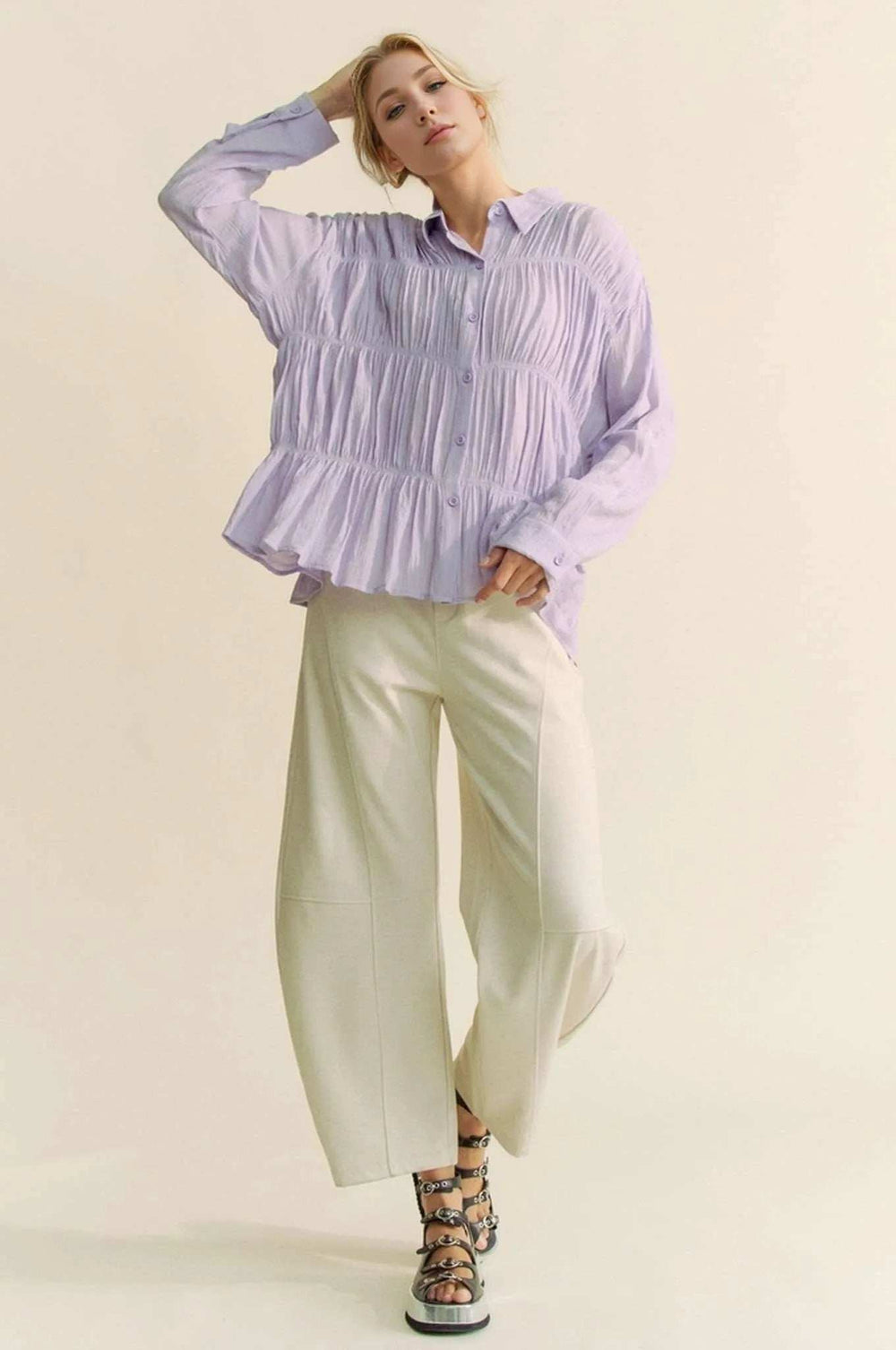 Davi & Dani Ruched All Over Button Front Shirt - Trendsi - Flyclothing LLC