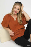 Umgee Textured Flutter Sleeve Notch Neck Top - Trendsi - Flyclothing LLC