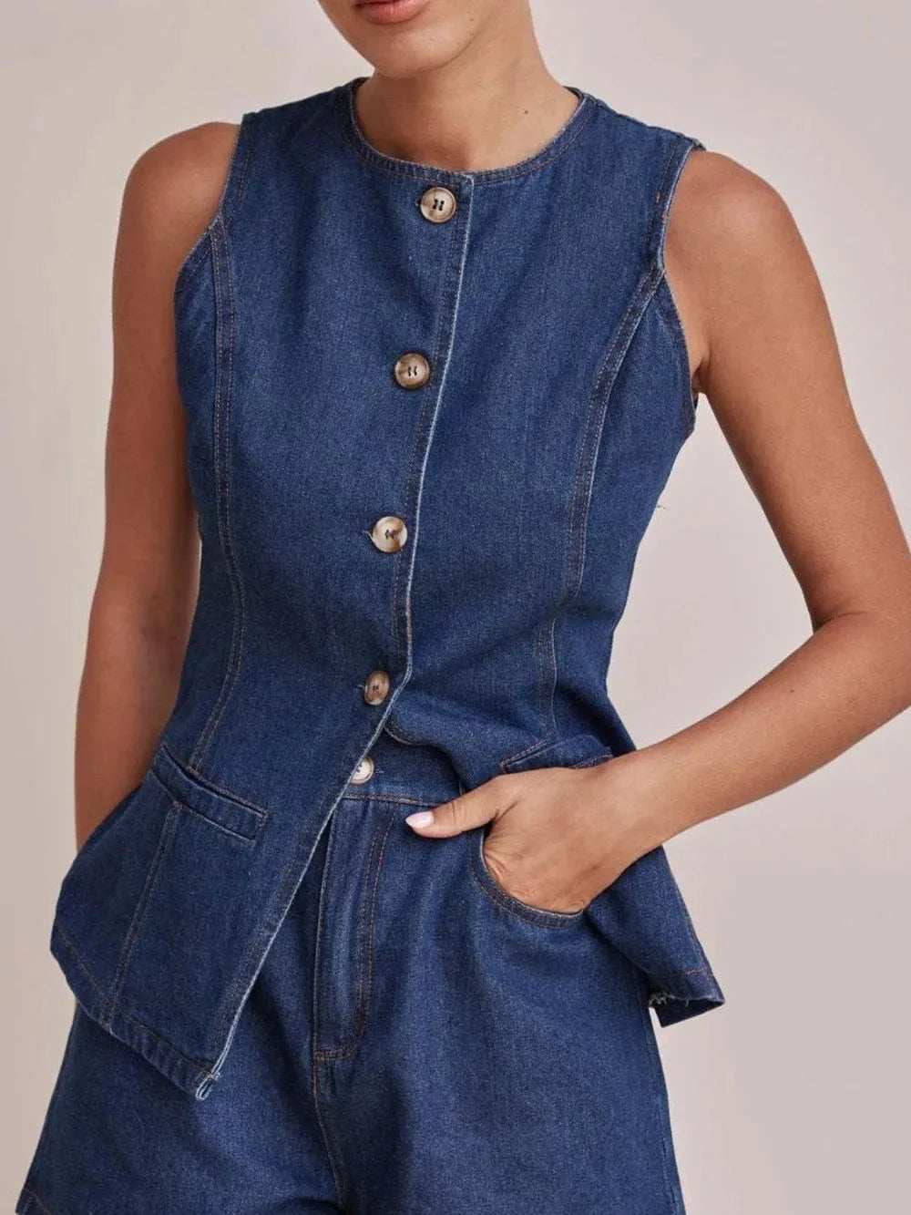 Button Down Denim Vest - Trendsi - Flyclothing LLC