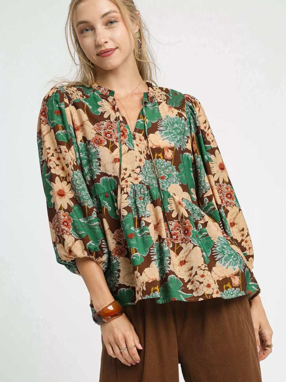 Umgee Mix Floral Peplum Blouse with Tie Neck - Trendsi - Flyclothing LLC