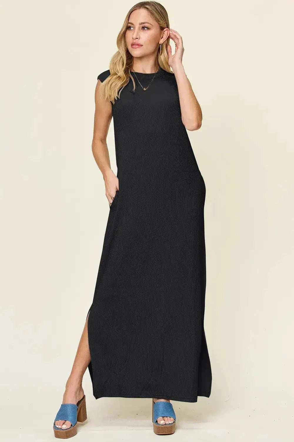 Double Take Full Size Texture Mock Neck Sleeveless Maxi Dress - Trendsi - Flyclothing LLC