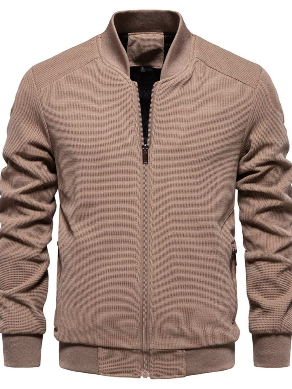 Men's Waffle Knit Baseball Collar Zip Up Jacket - Trendsi - Flyclothing LLC