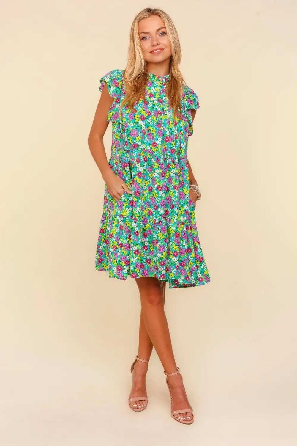 Haptics Frilled Mock Neck Ditsy Floral Dress - Trendsi - Flyclothing LLC