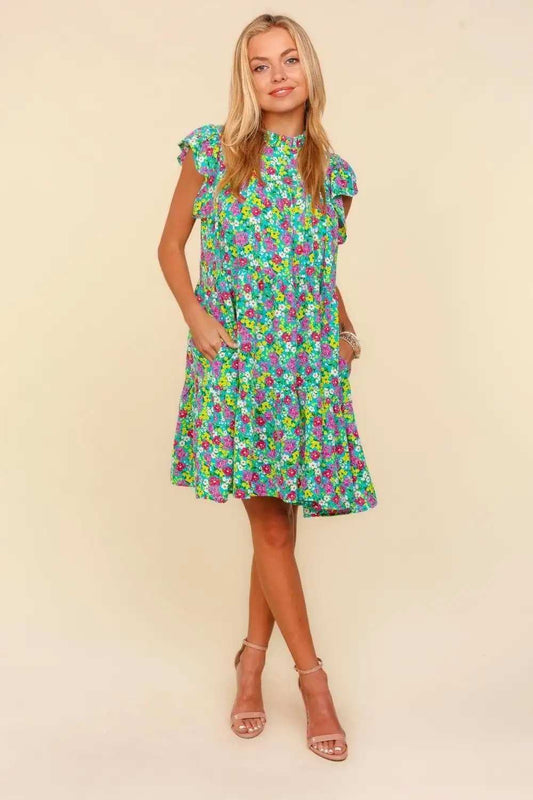 Haptics Frilled Mock Neck Ditsy Floral Dress - Trendsi - Flyclothing LLC