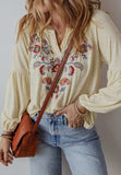 Embroidered Notched Long Sleeve Blouse - Trendsi - Flyclothing LLC