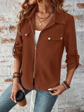 Zip Up Collared Neck Roll-Tab Sleeve Jacket - Trendsi - Flyclothing LLC