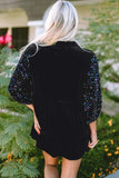 Sequin Collared Neck Three-Quarter Sleeve Oversize Shirt - Trendsi - Flyclothing LLC