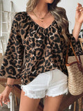 Oversized Leopard V-Neck Three-Quarter Sleeve Blouse - Trendsi - Flyclothing LLC