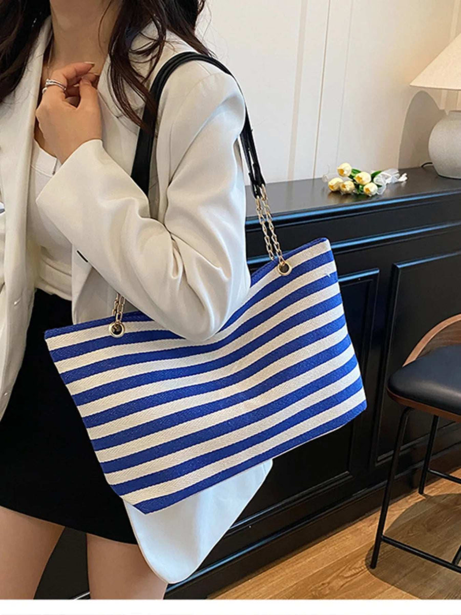 Striped Shoulder Bag with Chain Detail - Trendsi - Flyclothing LLC