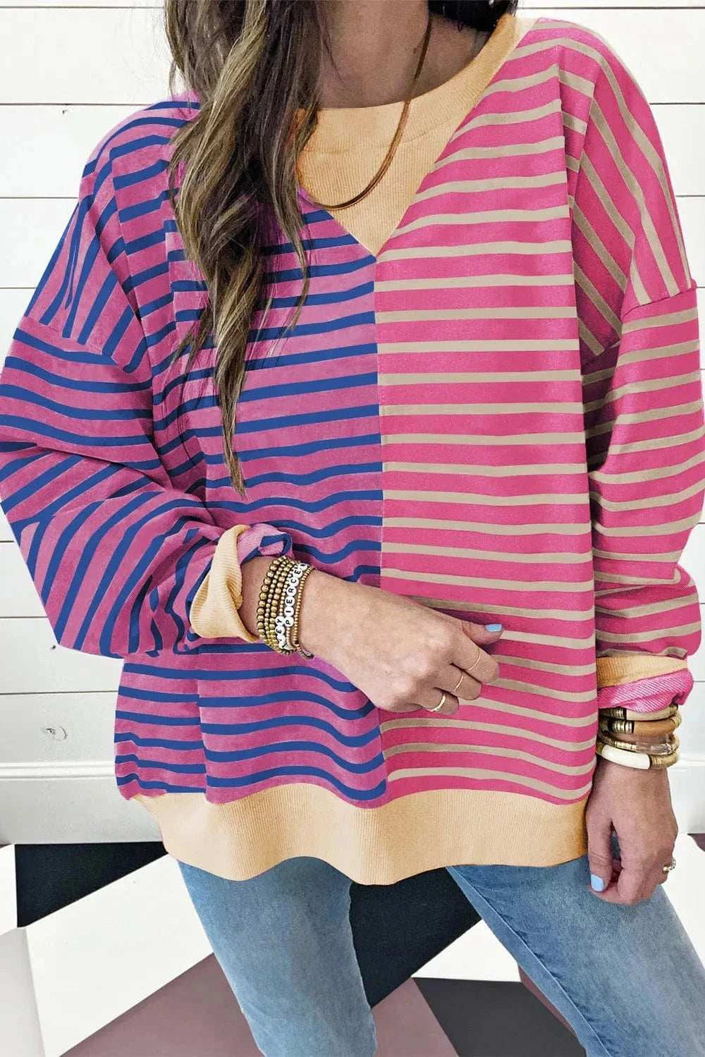 Contrast Stripes Round Neck Long Sleeve Sweatshirt - Trendsi - Flyclothing LLC