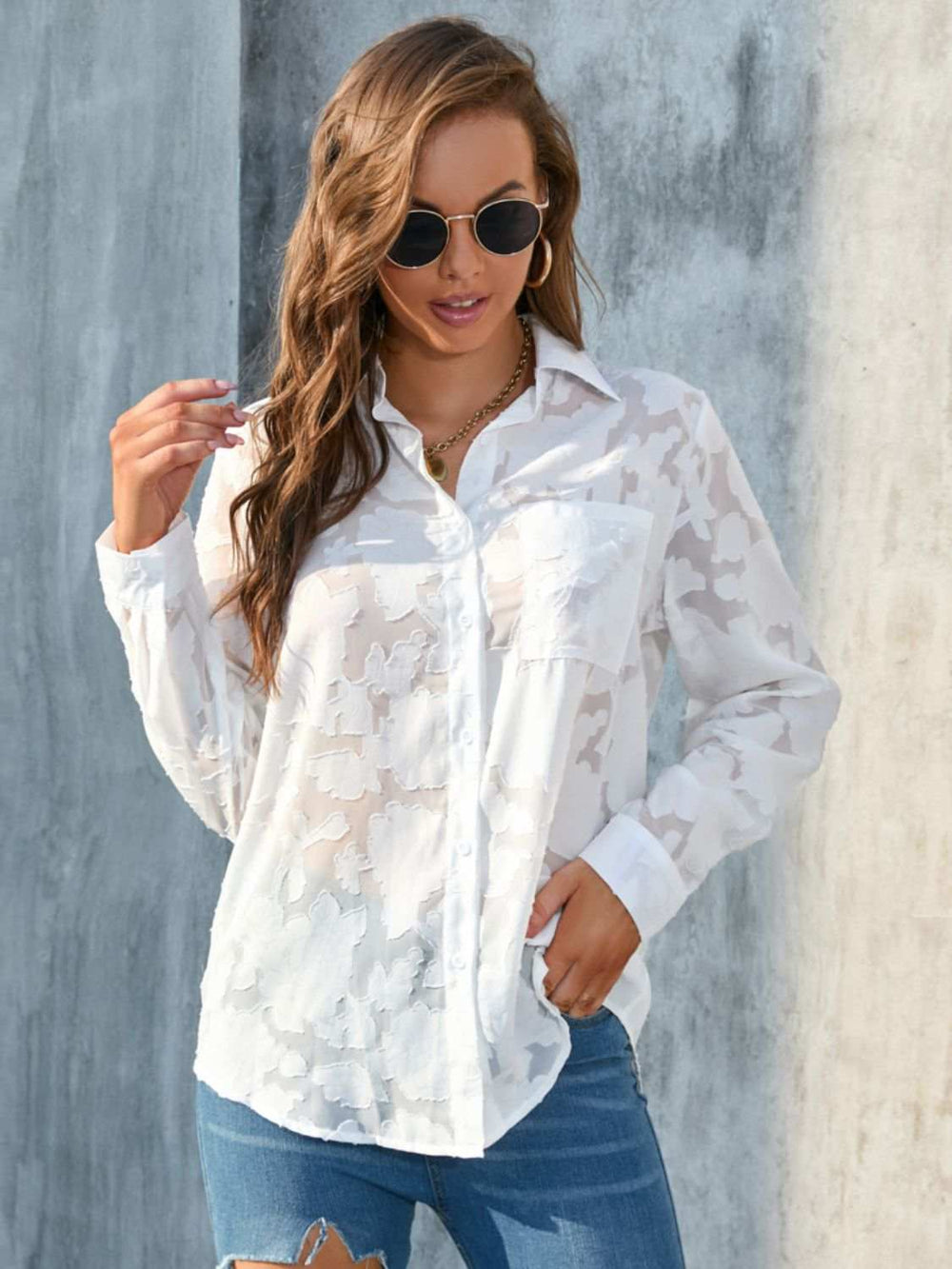 Full Size Collared Neck Long Sleeve Shirt Plus Size - Trendsi - Flyclothing LLC