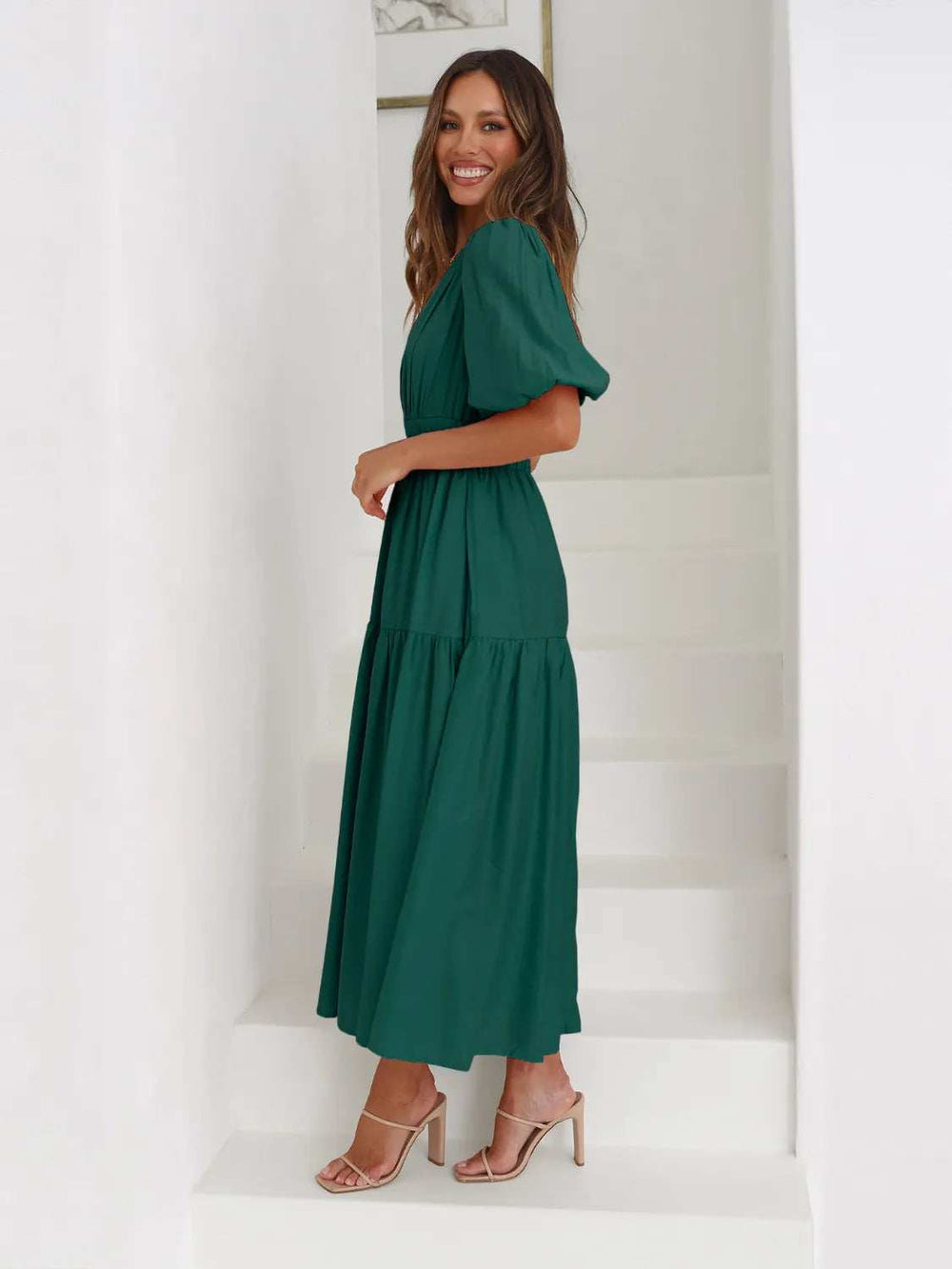 Tiered Surplice Half Sleeve Midi Dress - Trendsi - Flyclothing LLC