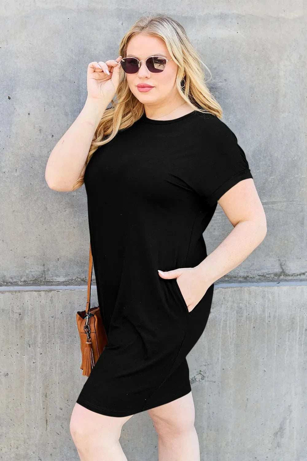 Basic Bae Bamboo Full Size Round Neck Short Sleeve Dress with Pockets - Trendsi - Flyclothing LLC