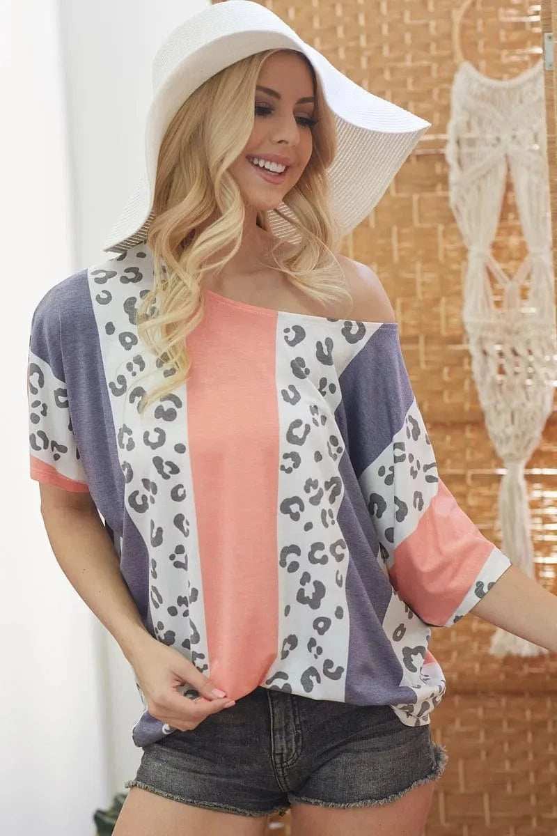BiBi Leopard Stripe Printed French Terry Oversized Top - Trendsi - Flyclothing LLC