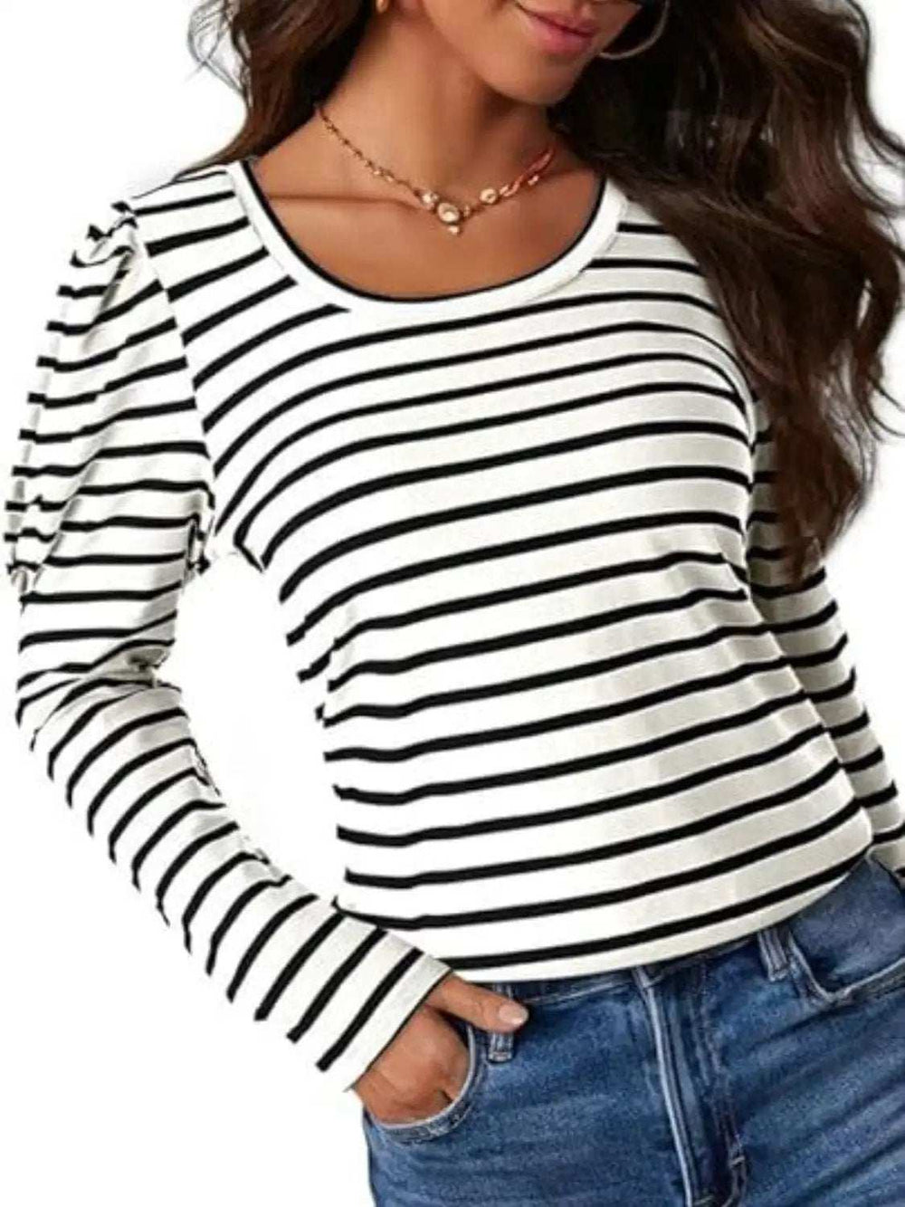 Striped Round Neck Long Sleeve T-Shirt - Trendsi - Flyclothing LLC