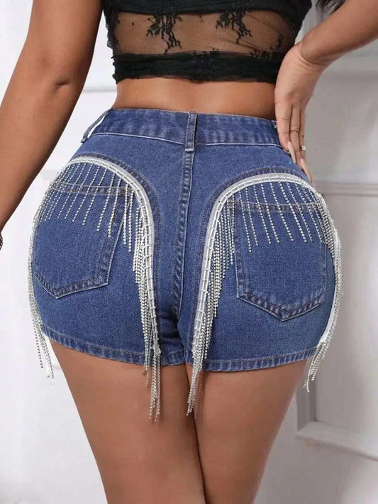 Fringe Back Denim Shorts with Pockets - Trendsi - Flyclothing LLC