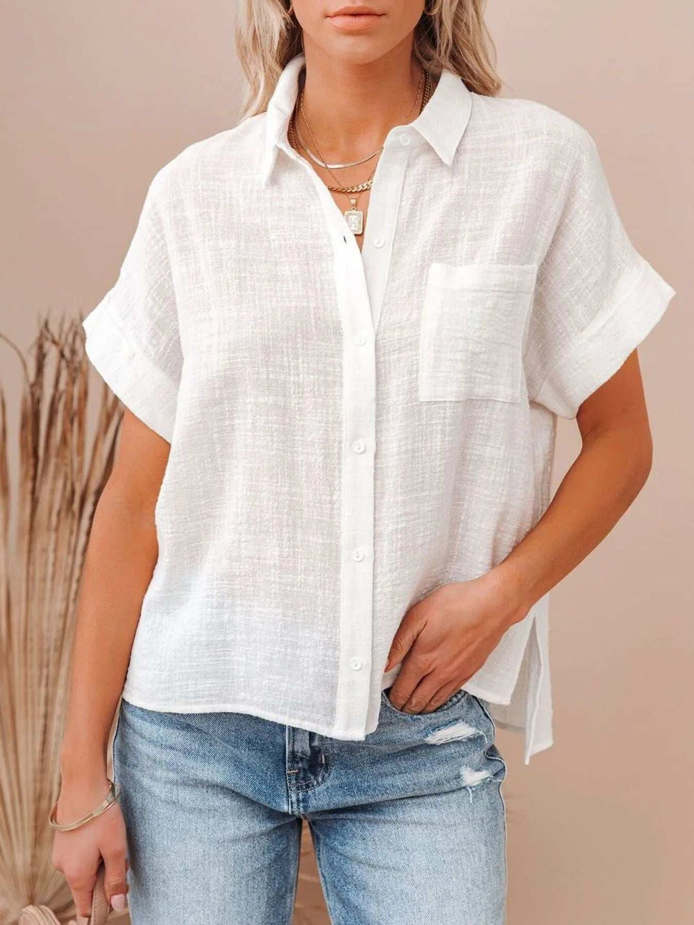 Full Size Button Up Short Sleeve Shirt Plus Size - Trendsi - Flyclothing LLC