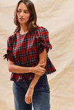 SO ME Christmas Holiday Plaid Ribbon Short Sleeves Top - Trendsi - Flyclothing LLC