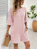 Backless Textured Round Neck Half Sleeve Romper - Trendsi - Flyclothing LLC